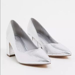 ASOS Design Switch Mid Heeled Pumps in Silver Metallic
